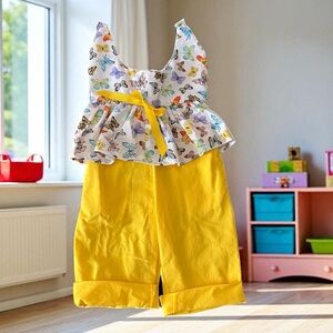 Handcrafted 2T Butterfly Jumpsuit – Yellow Pants & Bow Tie Waist 🌸🦋